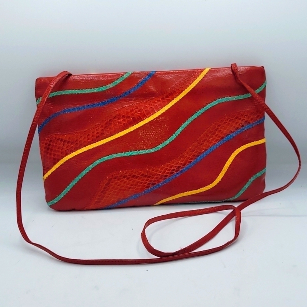 Vintage 80s ASPECTS Red Snakeskin Patchwork Crossbody Bag - Genuine Exotic Leath - Picture 3 of 15